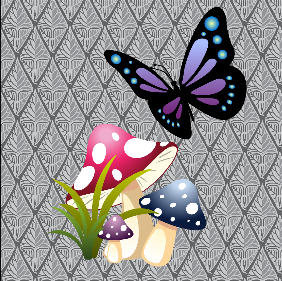 mushrooms, grass, butterfly, and patterned background