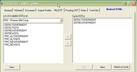 printer setup window with Mfg DCF tab selected