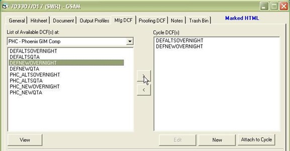 clicking the arrow to add the Available DCF to the Cycle DCF list