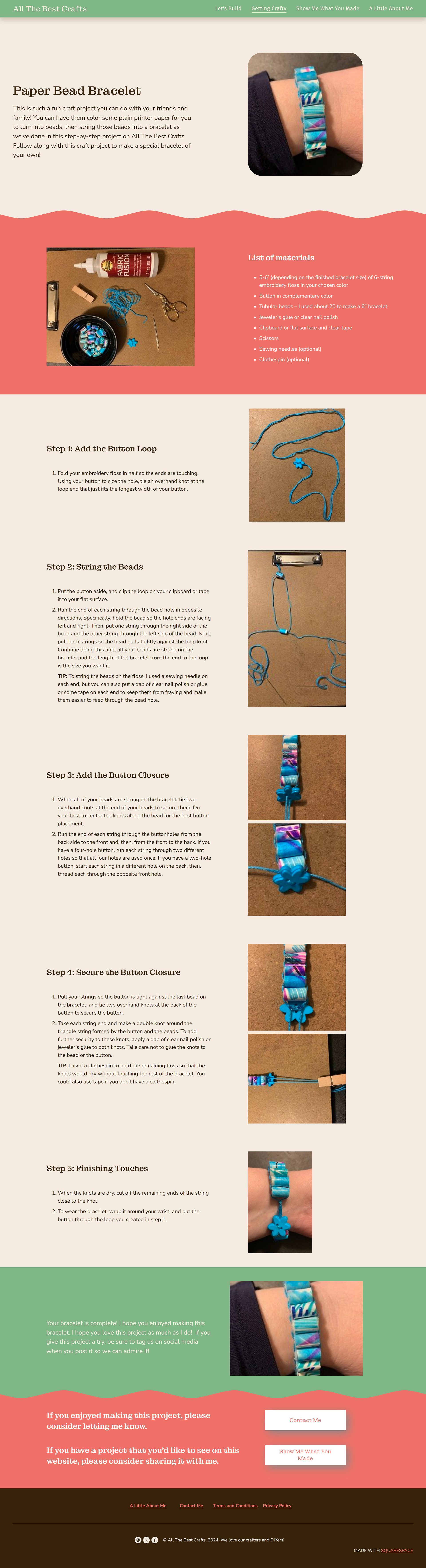 Squarespace paper bead bracelet project page sample