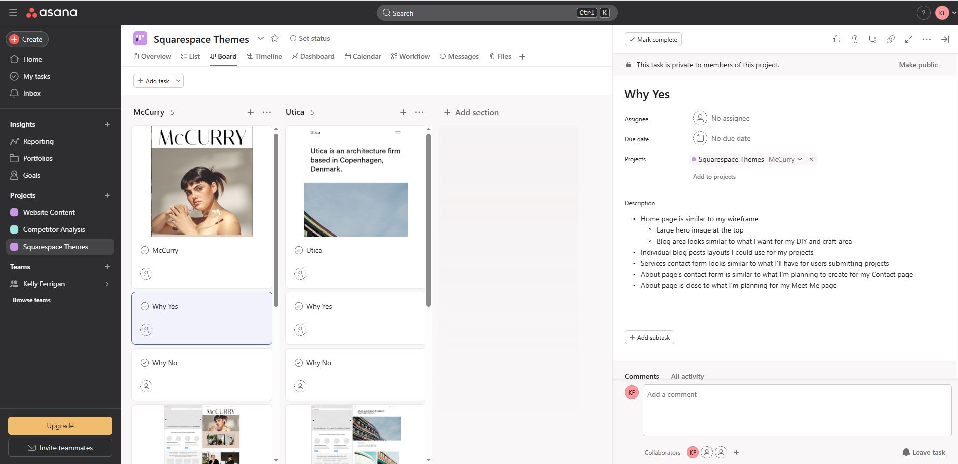 Asana description of possible themes and likes and dislikes