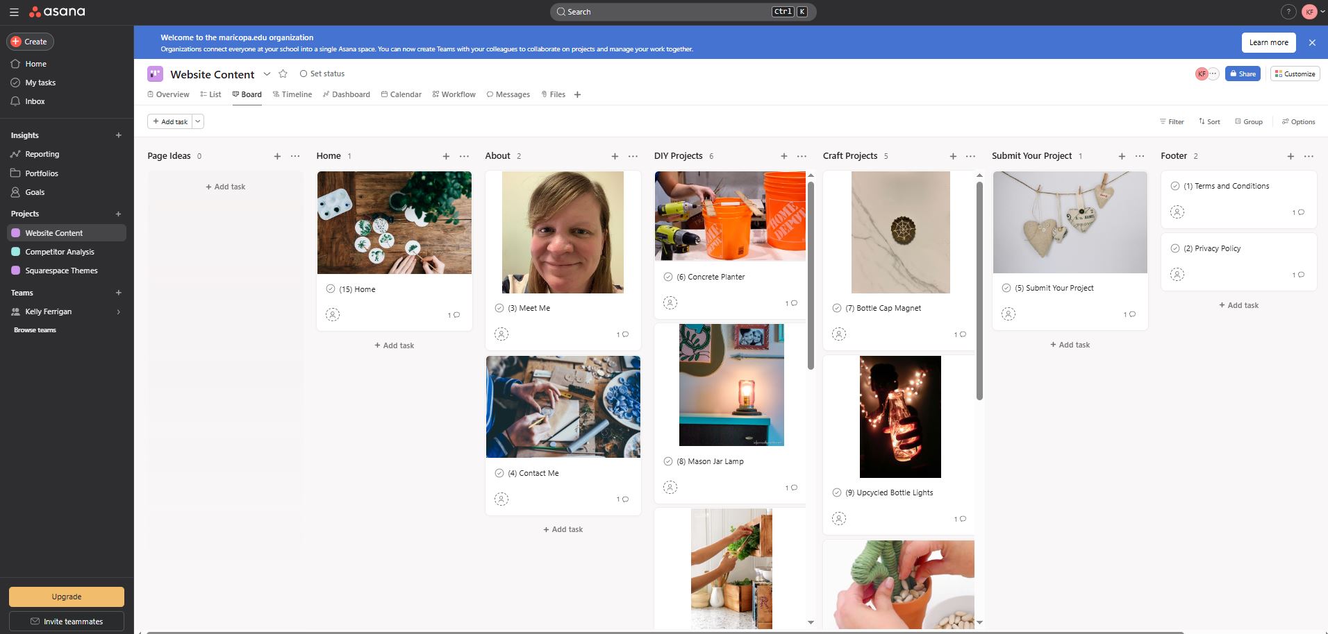 Asana outline of website content