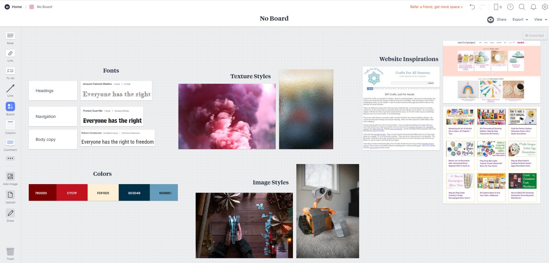 fonts, colors, texture styles, image styles, and website inspirations I want to avoid