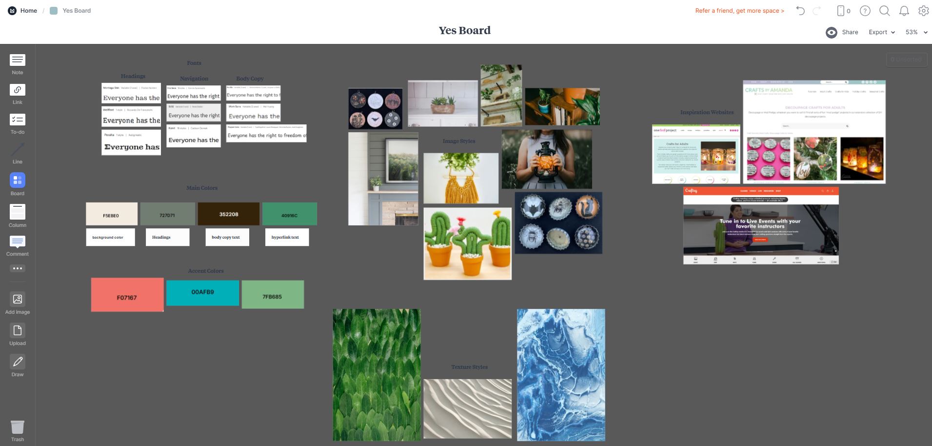 fonts, colors, image styles, textures, and inspirations for my Squarespace website using Milanote
