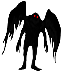 Mothman with red eyes standing with wings out